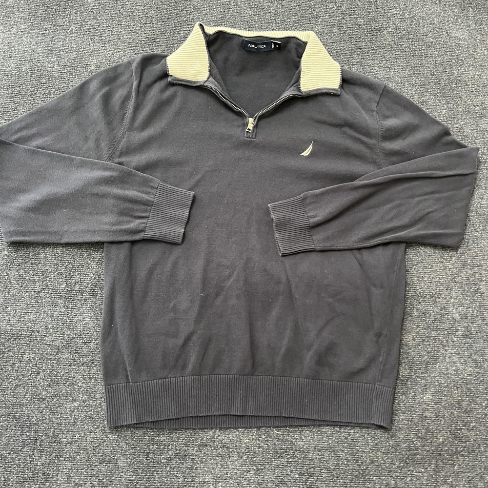 Nautica Sweater Mens XL Gray Beige Quarter Zip Mock Neck Knit Pullover Casual